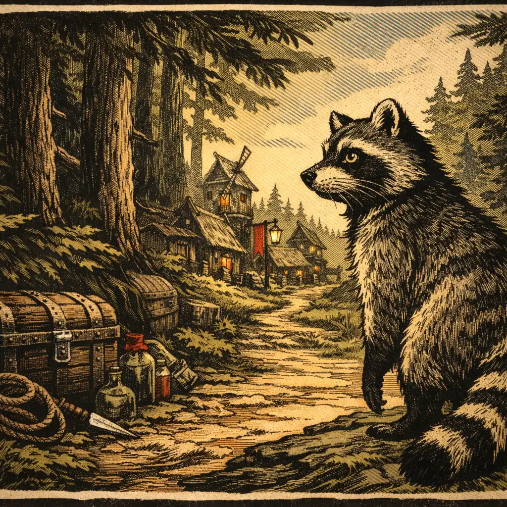 Redakcyjna ilustracja szopa na leśnej ścieżce prowadzącej ku osadzie