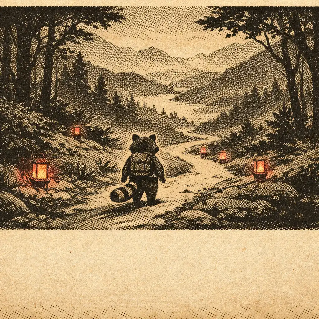 Redakcyjna ilustracja szopa idącego ścieżką między drzewami i lampionami